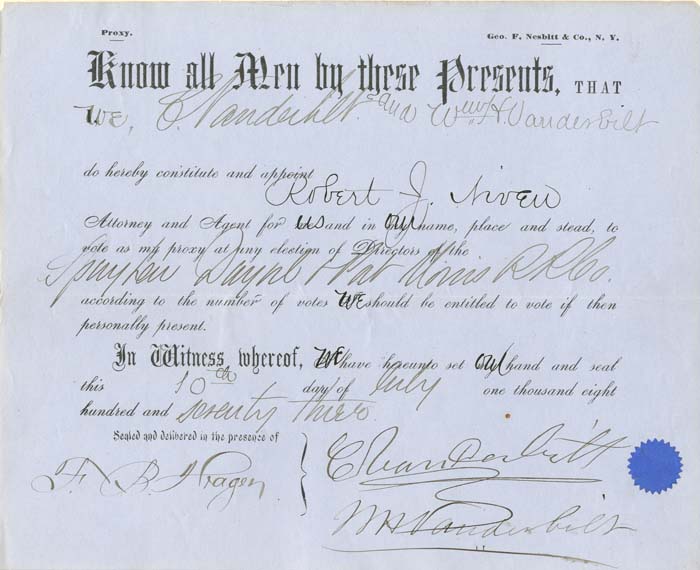 Document signed by "Commodore", Cornelius, and Wm. H. Vanderbilt